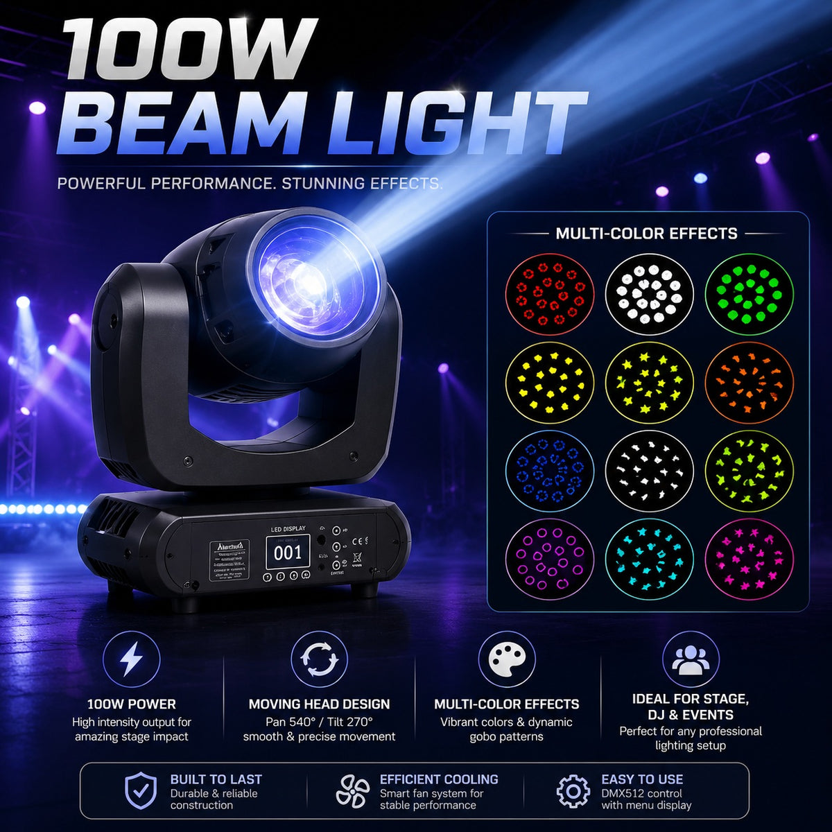 100W LED Moving Head Beam Light with Multi-Colour Gobo Effects, DMX Control, LED Display & Stage Lighting Projection for DJ, Events, Parties and Live Shows