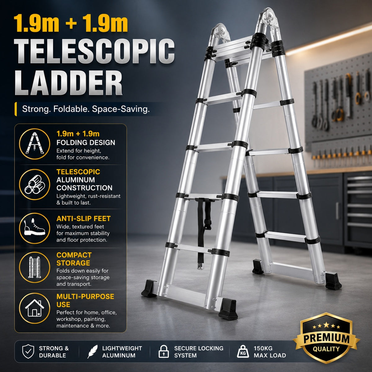 1.9m + 1.9m Aluminium Telescopic A-Frame Ladder Folding Multi-Purpose Extension Ladder with Locking Hinges, Anti-Slip Feet & Compact Storage Design