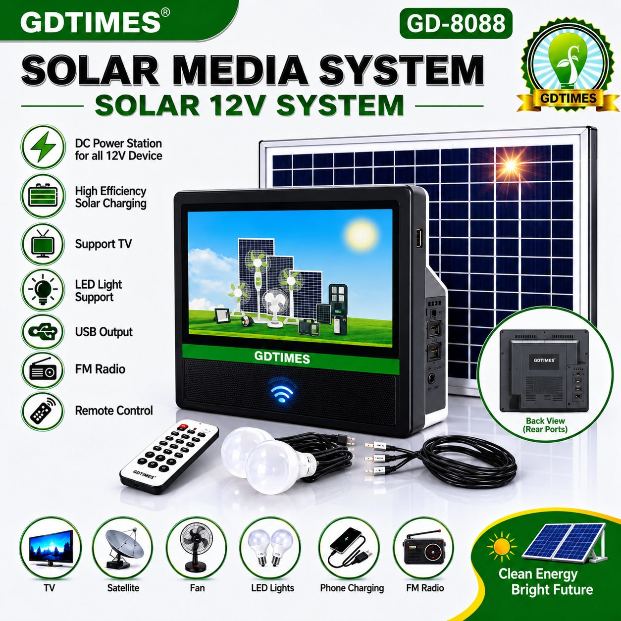 GDTIMES GD-8088 Solar Media System with 14-Inch TV Screen, Solar Panel, LED Bulbs, Remote Control, USB Charging & FM Radio – 12V Solar Entertainment Power Kit