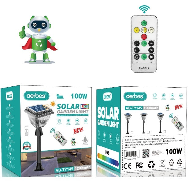 Solar Powered Garden Light RGB, Warm White And White With Remote Control 1200Mah