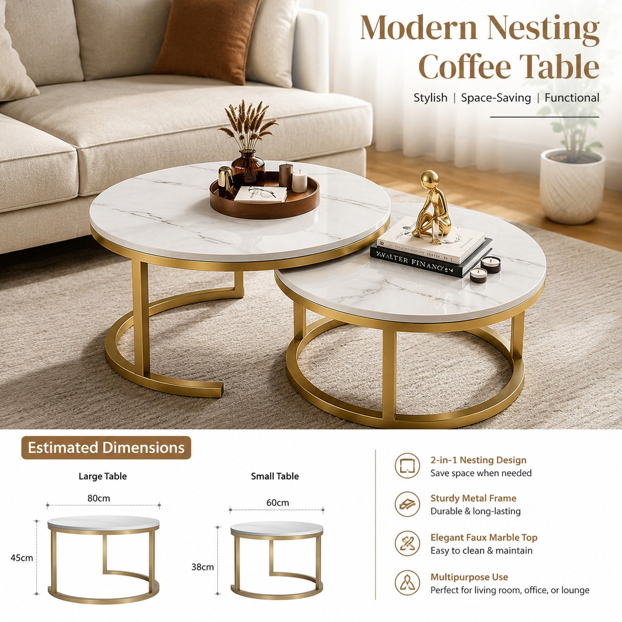 Modern Round Nesting Coffee Table Set of 2 – Luxury Faux Marble Top