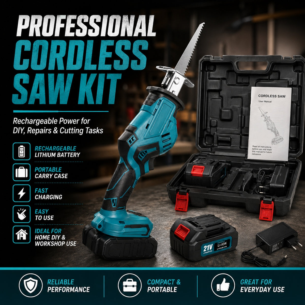 Rechargeable Cordless Reciprocating Saw Kit with Battery, Charger & Carry Case – Portable Electric Cutting Saw for Wood, Plastic, Branches, DIY Repairs & Workshop Use
