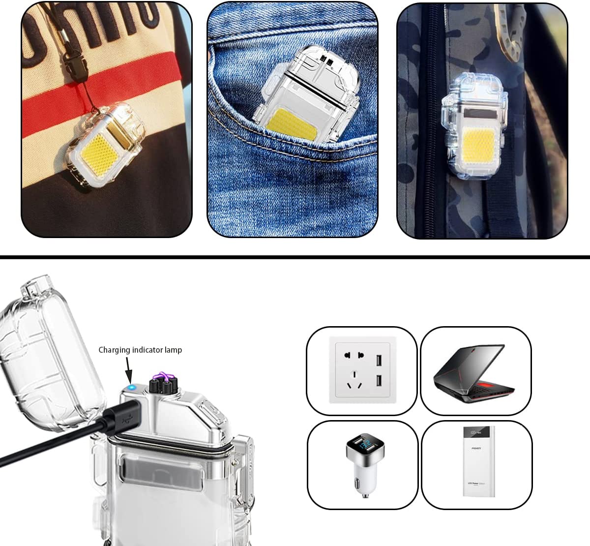 Rechargeable Mini Hook Flashlight With Lighter Clear Case + Type C Charger Cable
