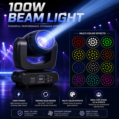 100W LED Moving Head Beam Light with Multi-Colour Gobo Effects, DMX Control, LED Display & Stage Lighting Projection for DJ, Events, Parties and Live Shows