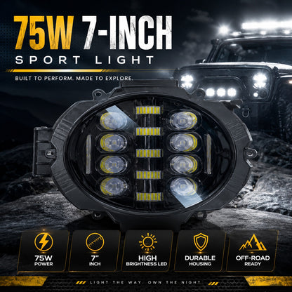 75W 7-Inch Round LED Sport Light – High-Brightness Automotive Auxiliary Light with Durable Housing for Off-Road, 4x4, SUV, Bakkie & Outdoor Vehicle Use