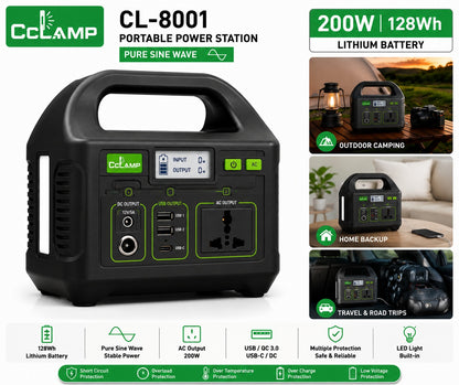 200W Portable Power Station 128Wh Lithium Battery Backup with Pure Sine Wave AC Output, USB, USB-C, DC Ports & LED Light – Rechargeable Power Supply for Camping, Load Shedding, Travel & Emergency Use