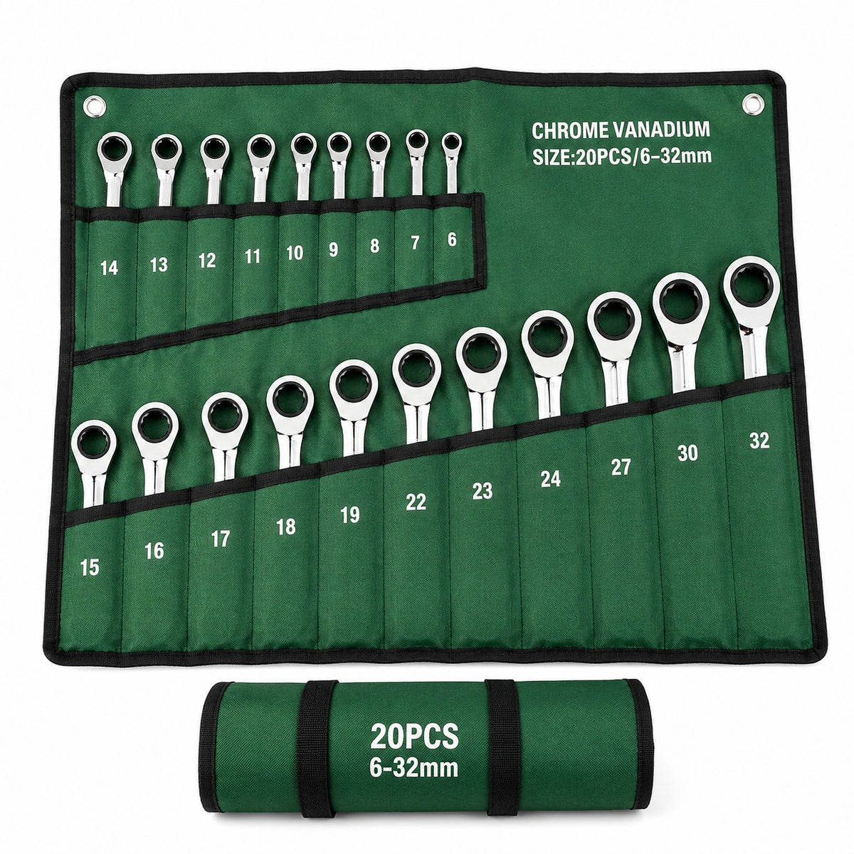 20-Piece Chrome Vanadium Ratchet Spanner Set 6–32mm with Roll-Up Storage Pouch – Metric Combination Ratcheting Wrench Set for Automotive, Mechanical, DIY & Workshop Use