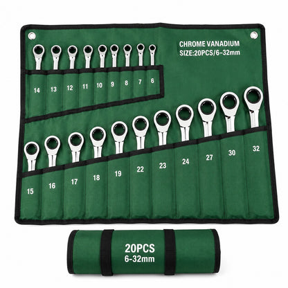 20-Piece Chrome Vanadium Ratchet Spanner Set 6–32mm with Roll-Up Storage Pouch – Metric Combination Ratcheting Wrench Set for Automotive, Mechanical, DIY & Workshop Use