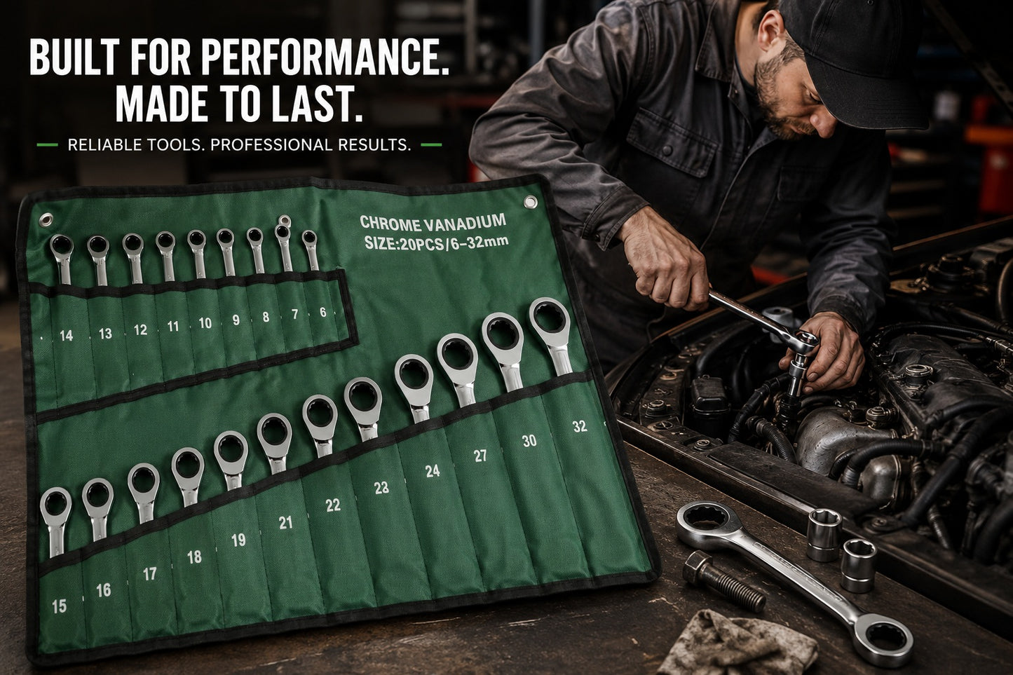 20-Piece Chrome Vanadium Ratchet Spanner Set 6–32mm with Roll-Up Storage Pouch – Metric Combination Ratcheting Wrench Set for Automotive, Mechanical, DIY & Workshop Use