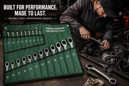 20-Piece Chrome Vanadium Ratchet Spanner Set 6–32mm with Roll-Up Storage Pouch – Metric Combination Ratcheting Wrench Set for Automotive, Mechanical, DIY & Workshop Use