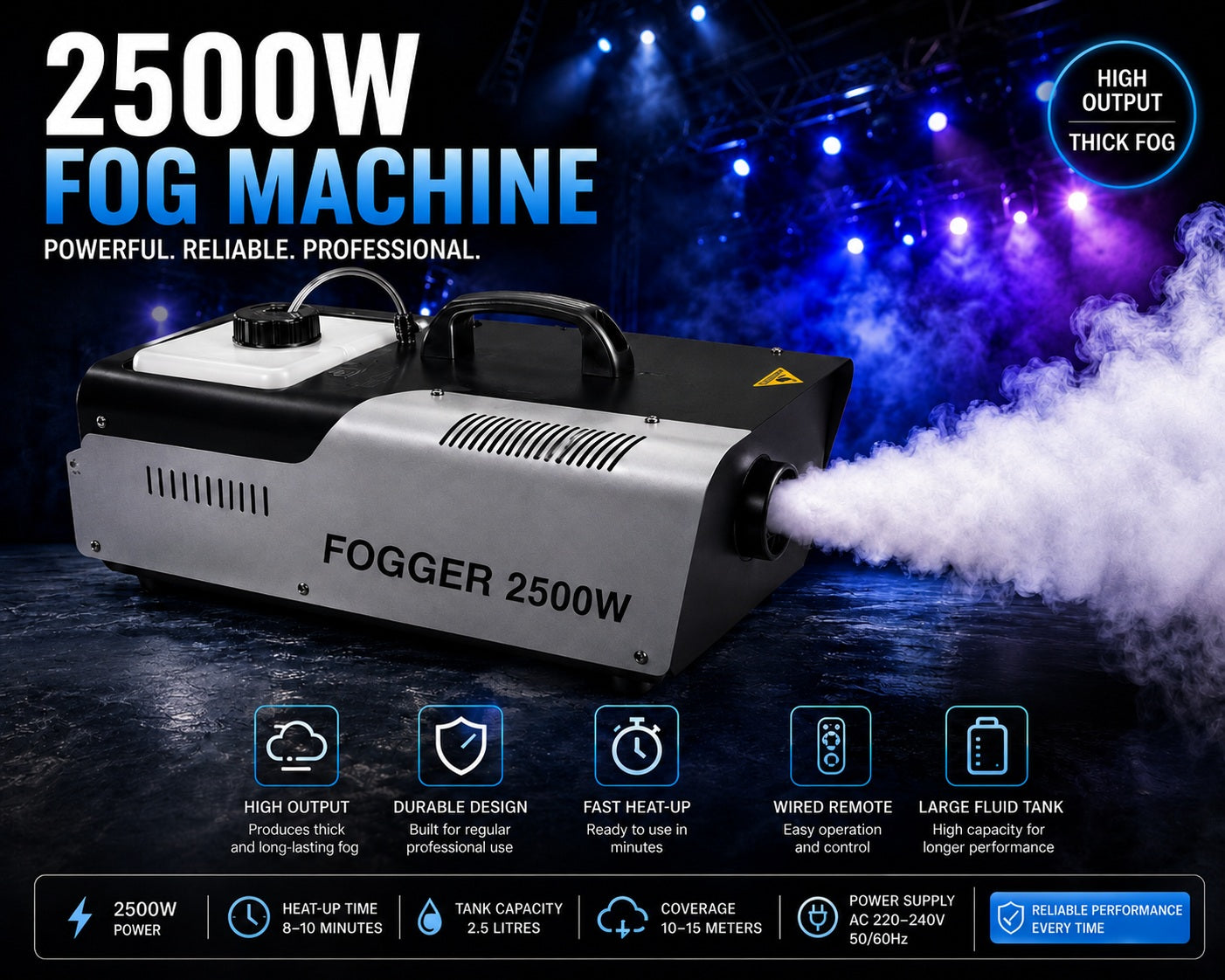 Fogger 2500W Professional Smoke Machine with Large Fluid Tank, Fast Heat-Up, High Fog Output & Carry Handle for Stage, DJ, Events, Parties and Live Shows