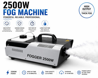 Fogger 2500W Professional Smoke Machine with Large Fluid Tank, Fast Heat-Up, High Fog Output & Carry Handle for Stage, DJ, Events, Parties and Live Shows