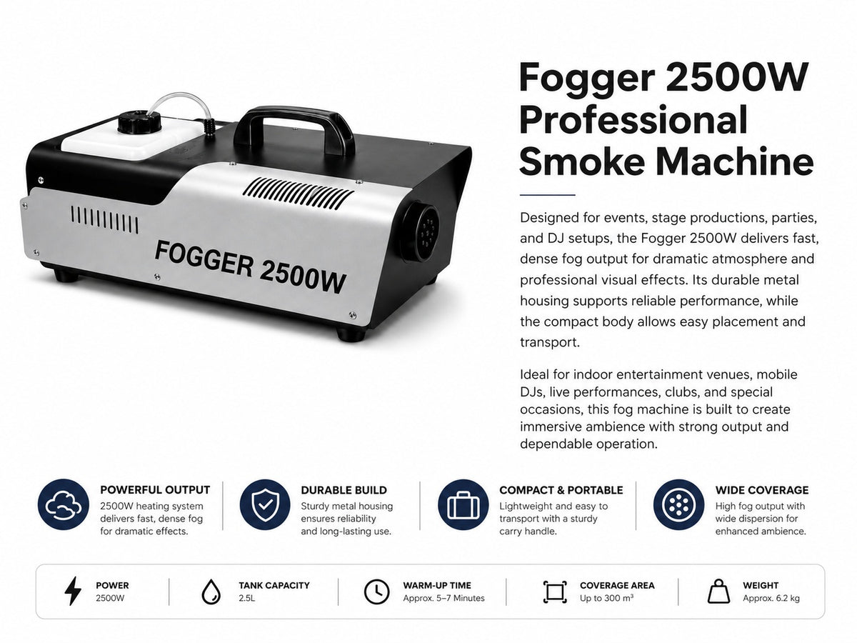 Fogger 2500W Professional Smoke Machine with Large Fluid Tank, Fast Heat-Up, High Fog Output & Carry Handle for Stage, DJ, Events, Parties and Live Shows