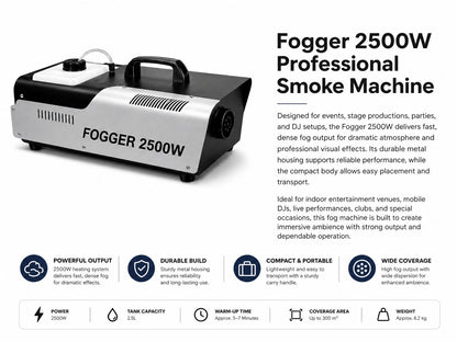 Fogger 2500W Professional Smoke Machine with Large Fluid Tank, Fast Heat-Up, High Fog Output & Carry Handle for Stage, DJ, Events, Parties and Live Shows