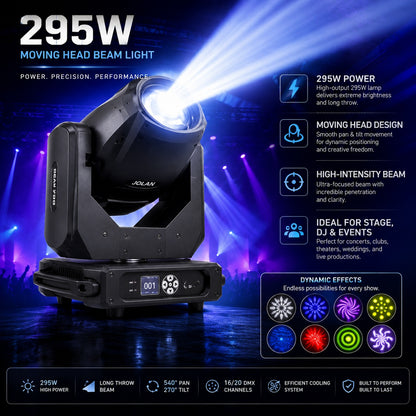 295W Moving Head Beam Light with High-Intensity Beam Projection, DMX Control, Pan/Tilt Movement & Dynamic Stage Effects for DJ, Events, Clubs and Live Shows