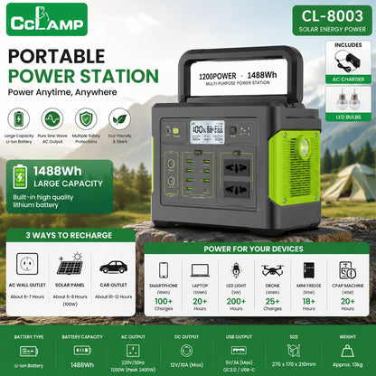 CcLAMP CL-8003 300W Portable Power Station 1488Wh Lithium Battery Backup with AC Output, USB Ports, DC Output, LED Light & Solar Charging Support