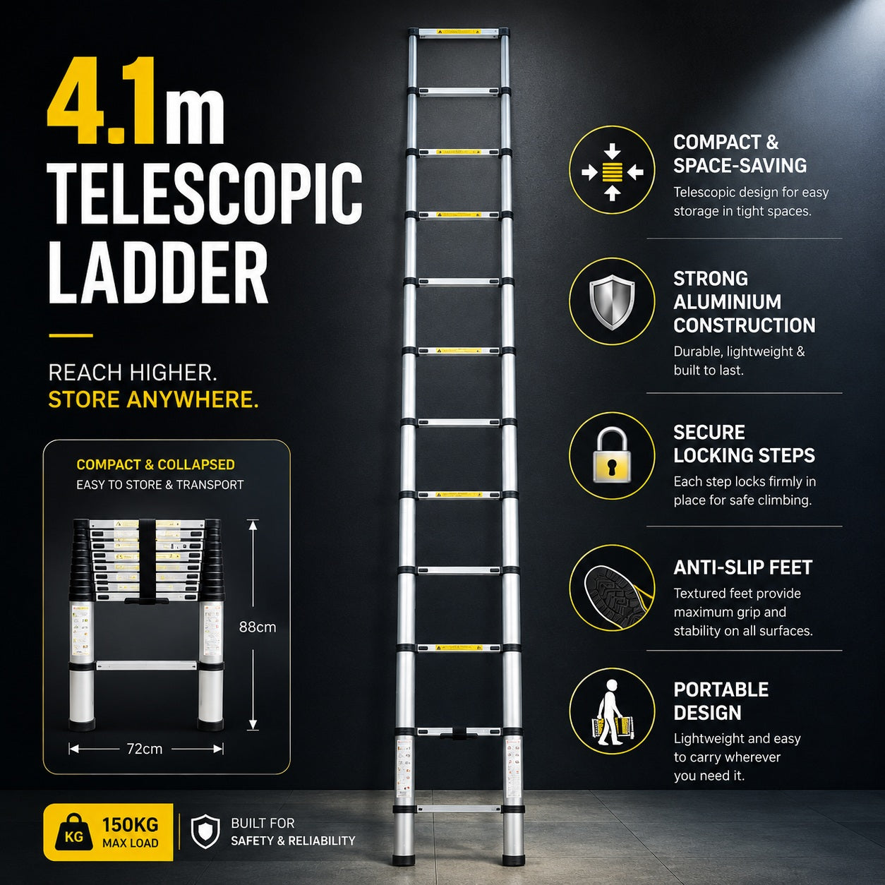 4.1m Aluminium Telescopic Ladder Portable Collapsible Extension Ladder with Locking Steps, Anti-Slip Feet & Compact Storage Design