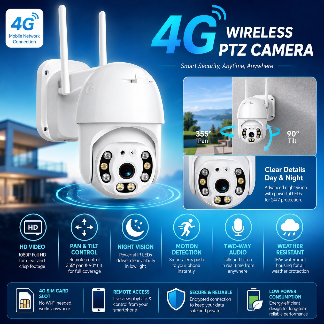 4G Wireless PTZ Security Camera with Dual Antennas, HD Video, Pan & Tilt Monitoring, Night Vision & Remote Mobile Access