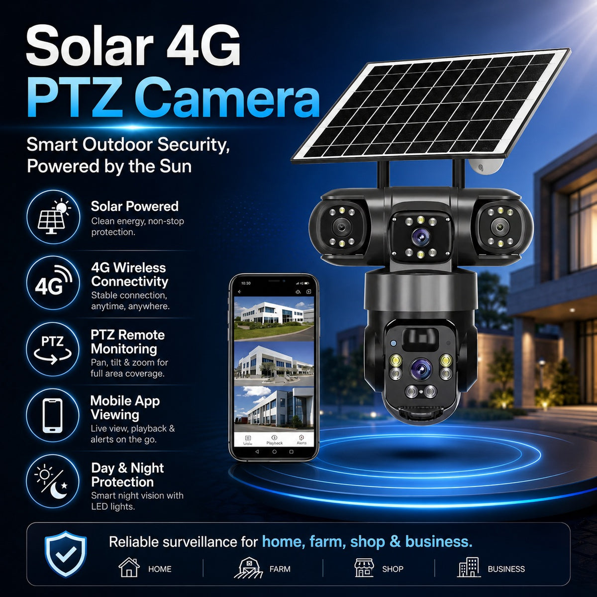 Solar 4G PTZ Security Camera with Solar Panel, 360° Outdoor Surveillance, Multi-Lens Monitoring, Night Vision, Motion Detection & Remote Mobile App Viewing