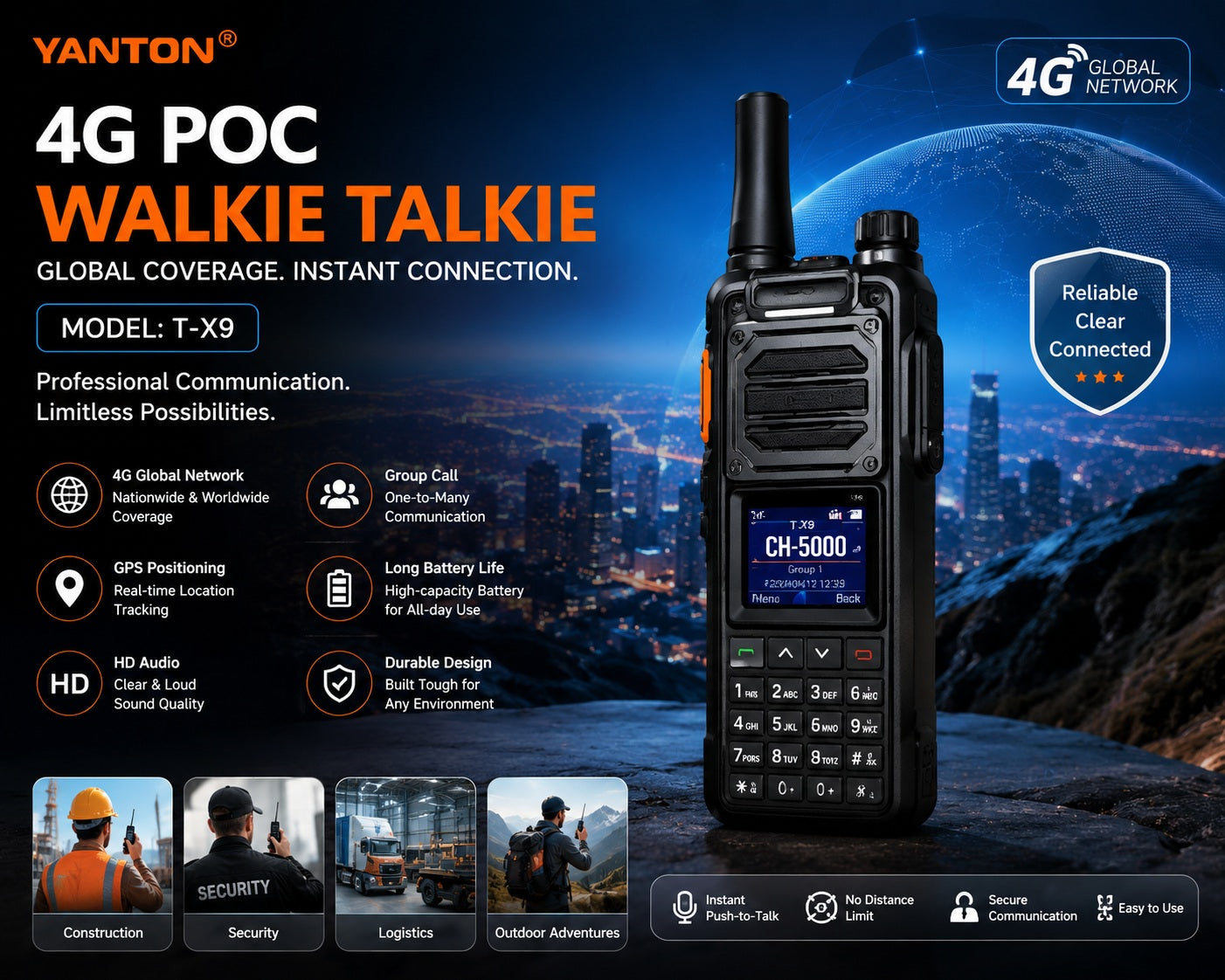 Yanton T-X9 4G POC Walkie Talkie Network Digital Trunking Radio with Display, Keypad & Antenna – Portable Two-Way Communication Device for Security, Logistics, Construction & Outdoor Use