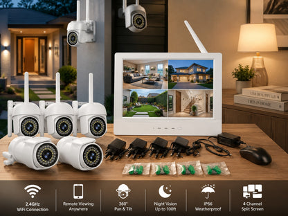 2MP Wireless Security Camera Kit with 8-Inch Monitor, 4 Outdoor WiFi Cameras, Night Vision, Power Adapters & Accessories – Home & Business Surveillance System