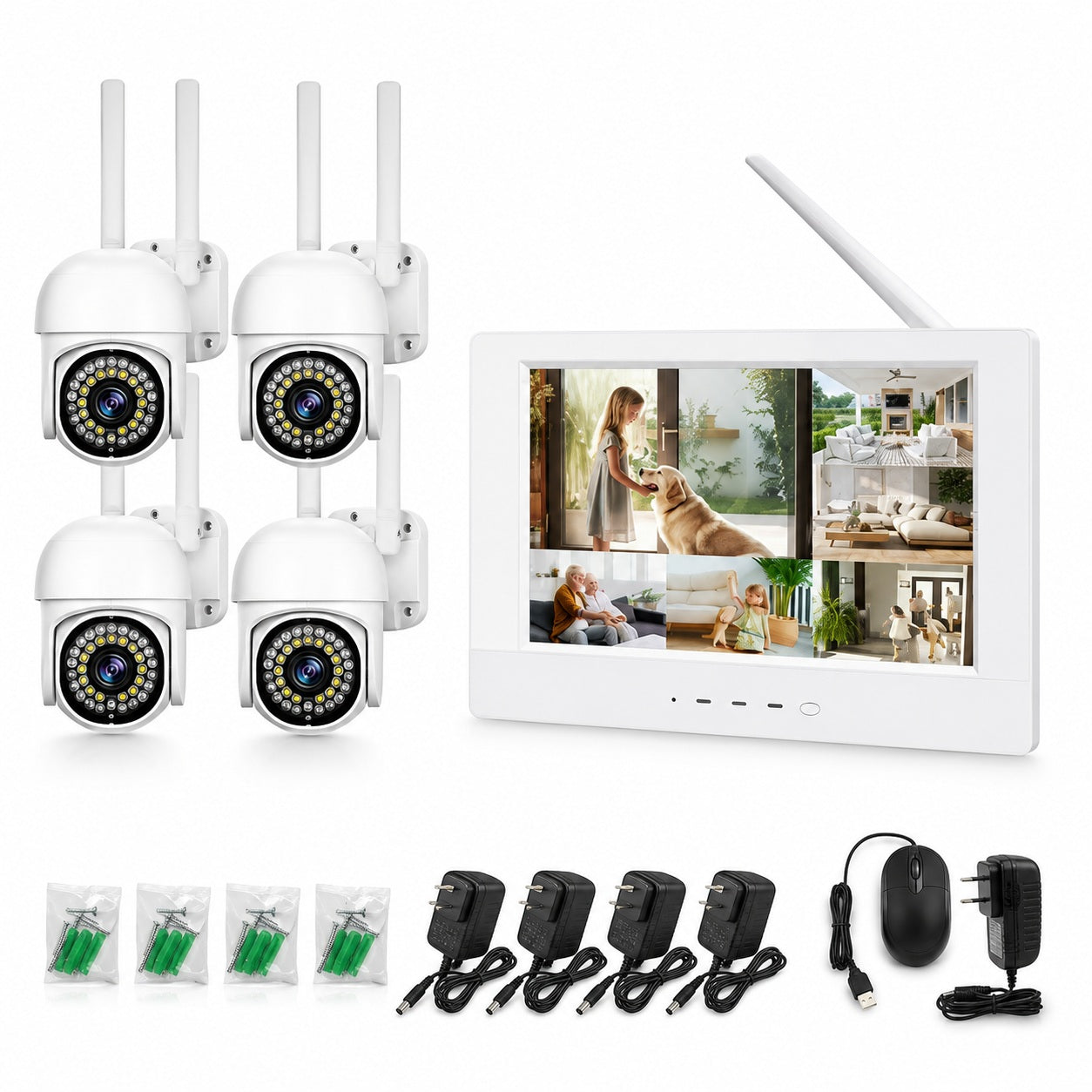 2MP Wireless Security Camera Kit with 8-Inch Monitor, 4 Outdoor WiFi Cameras, Night Vision, Power Adapters & Accessories – Home & Business Surveillance System