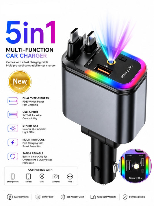 5-in-1 Multi-Function Car Charger with Dual Type-C Connectors, USB-A Port, Fast Charging Cable & LED Ambient Light – Universal Vehicle Charging Adapter for Smartphones, Tablets & Accessories