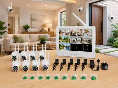 2MP 8 Channel Wireless CCTV Camera System with 10-Inch Monitor DVR, 8 WiFi Security Cameras, Night Vision, Power Adapters & Accessories – All-in-One Home & Business Surveillance Kit