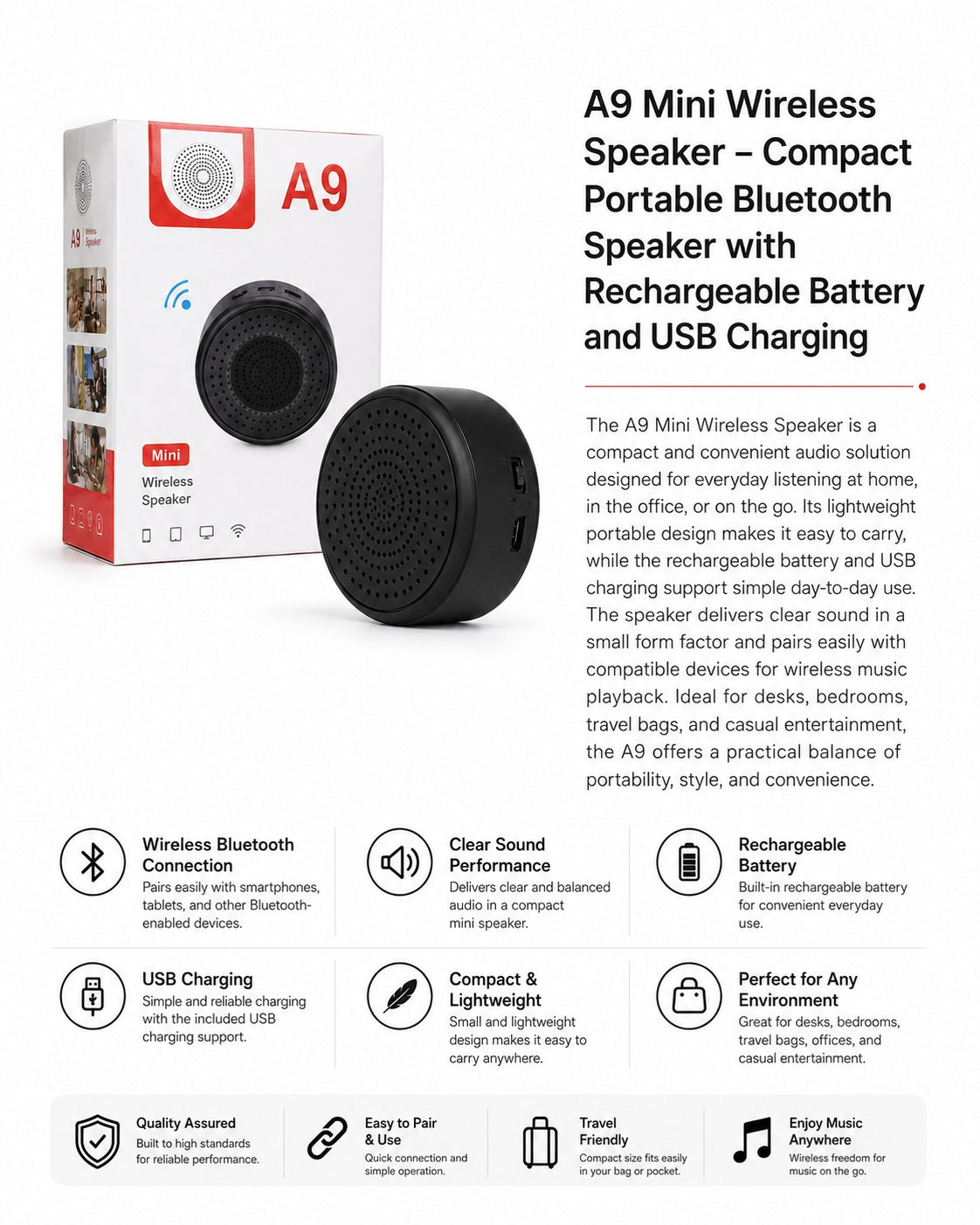 A9 Mini Wireless Bluetooth Speaker Portable Rechargeable Compact Speaker with Clear Sound for Home, Office & Travel