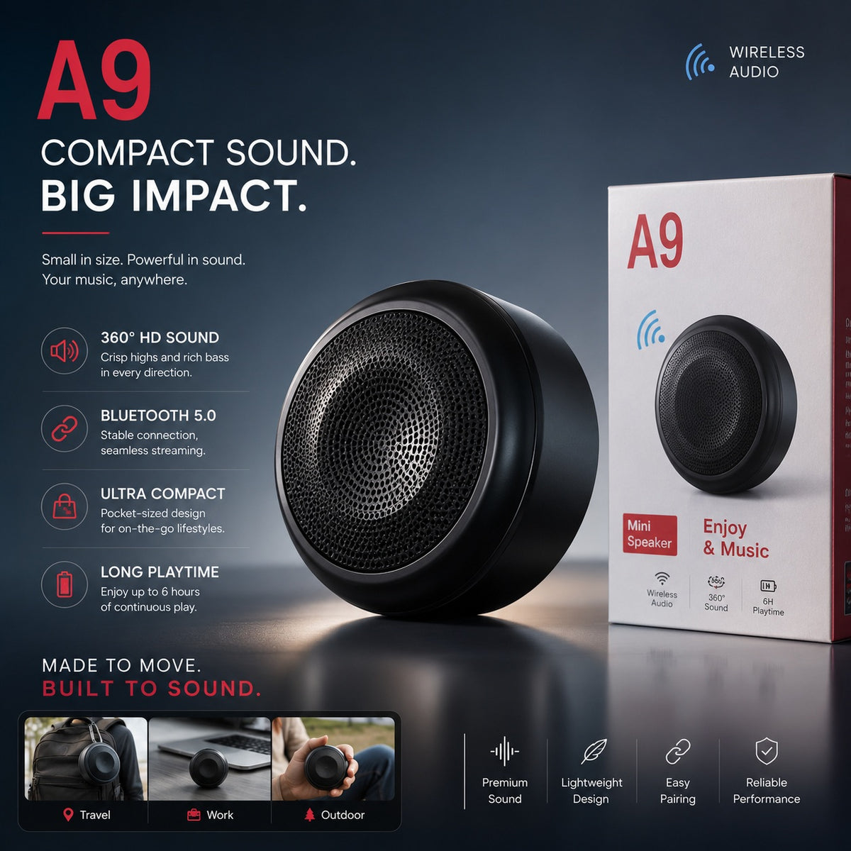 A9 Mini Wireless Bluetooth Speaker Portable Rechargeable Compact Speaker with Clear Sound for Home, Office & Travel