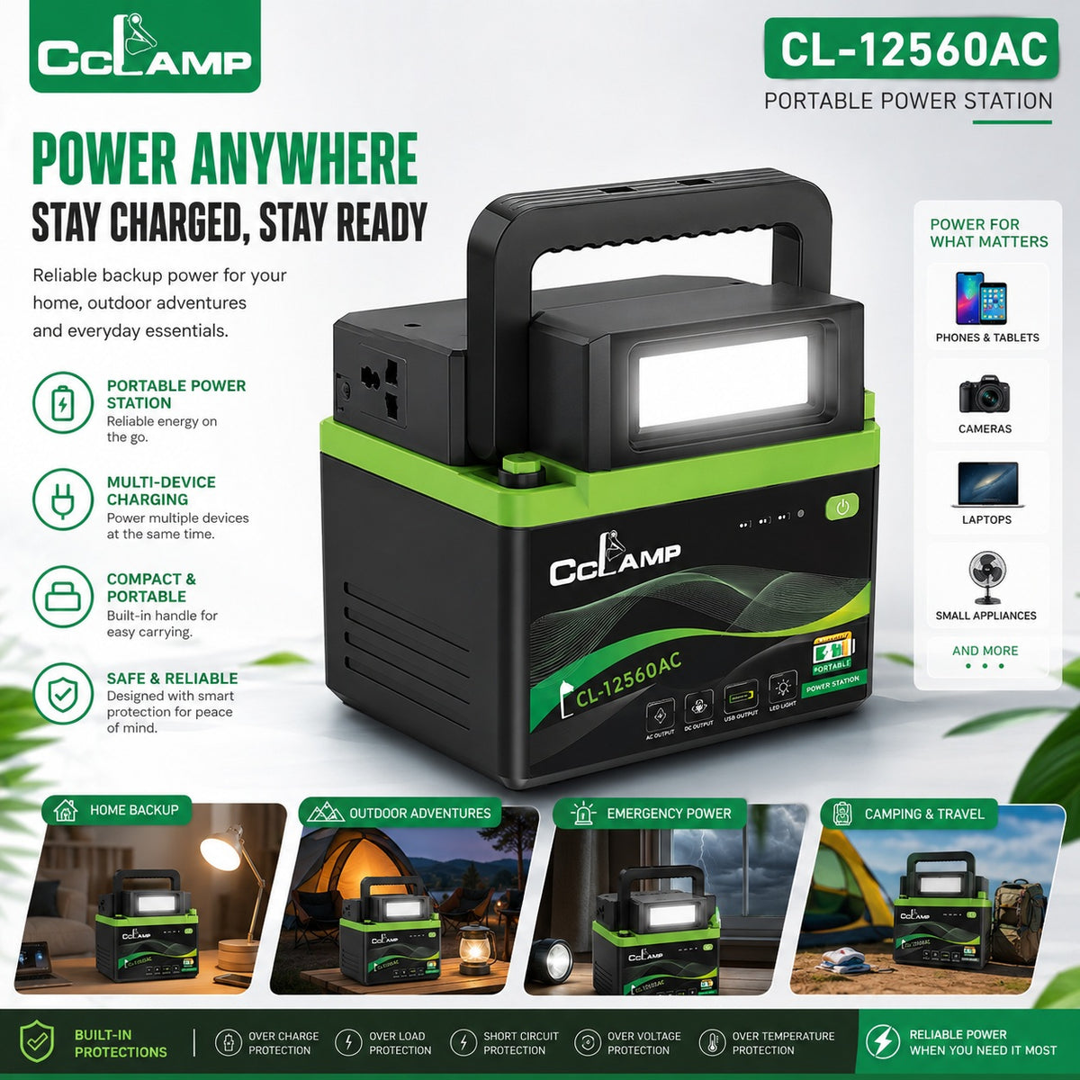 CcLAMP CL-12560AC 100W Portable Power Station with AC Output, USB Ports, DC Output, LED Light & Carry Handle – Rechargeable Backup Power Supply for Load Shedding, Camping & Travel