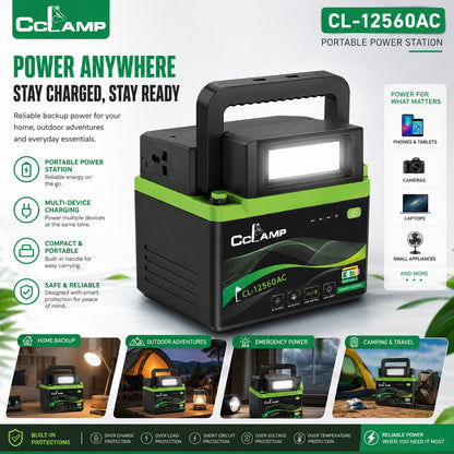 CcLAMP CL-12560AC 100W Portable Power Station with AC Output, USB Ports, DC Output, LED Light & Carry Handle – Rechargeable Backup Power Supply for Load Shedding, Camping & Travel