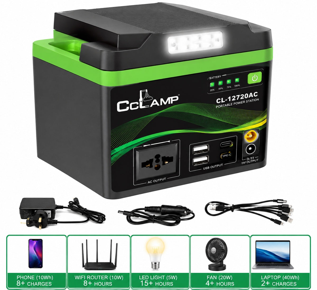 CcLAMP CL-12720AC 300W Portable Power Station with 12V 72Ah / 864Wh Battery, AC Output, USB Ports, DC Output, LED Light & Carry Handle