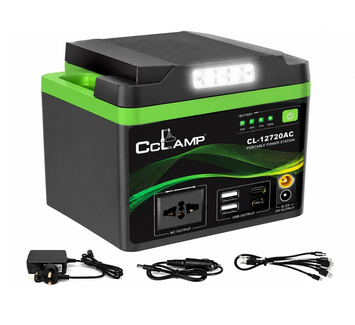 CcLAMP CL-12720AC 300W Portable Power Station with 12V 72Ah / 864Wh Battery, AC Output, USB Ports, DC Output, LED Light & Carry Handle