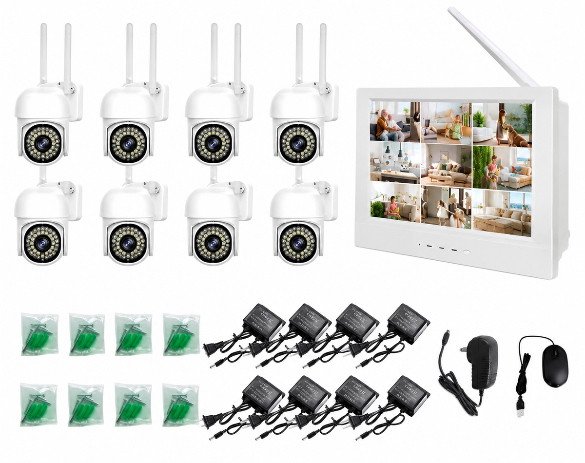 2MP 8 Channel Wireless CCTV Camera System with 10-Inch Monitor DVR, 8 WiFi Security Cameras, Night Vision, Power Adapters & Accessories – All-in-One Home & Business Surveillance Kit