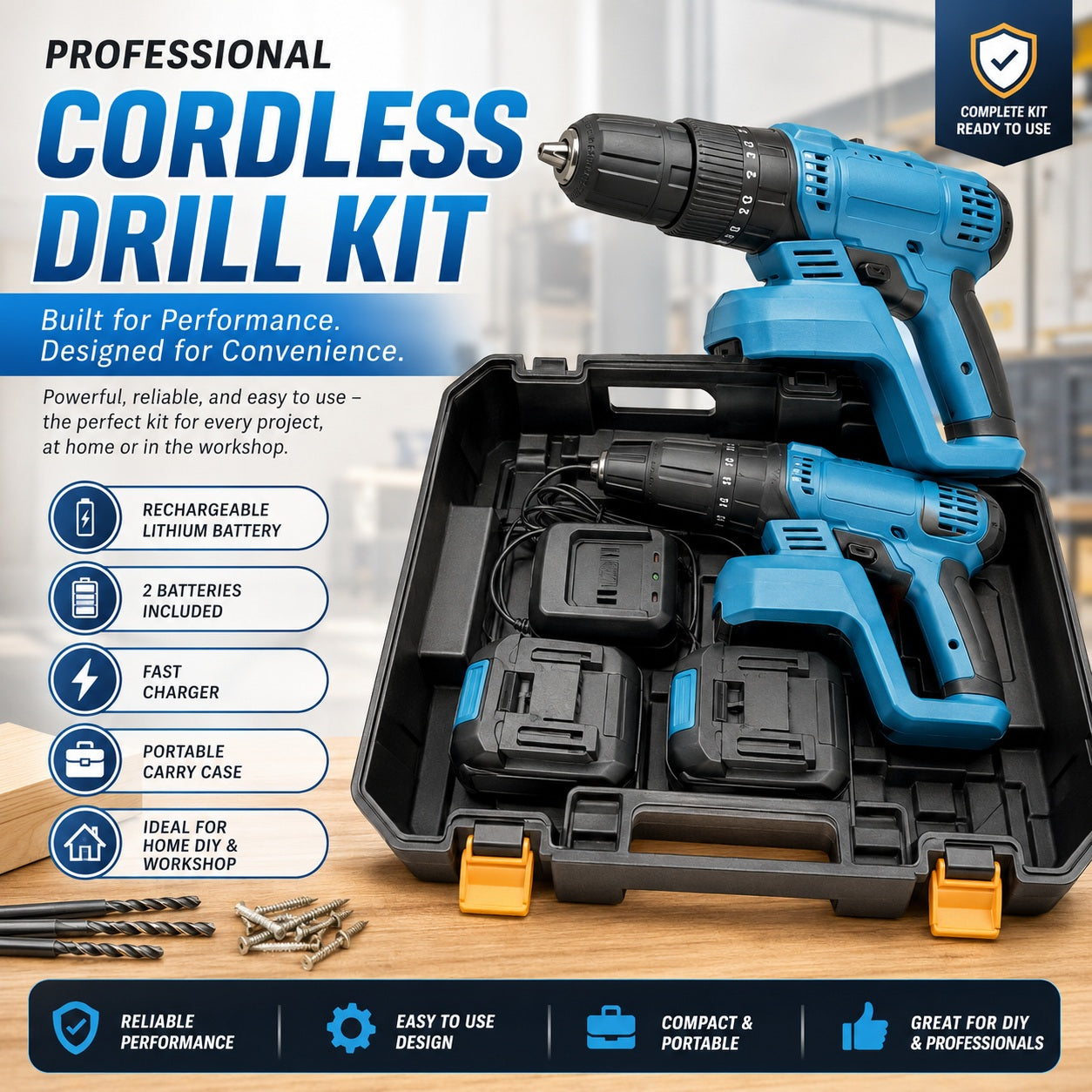 Rechargeable Cordless Drill Kit with 2 Batteries, Charger & Carry Case