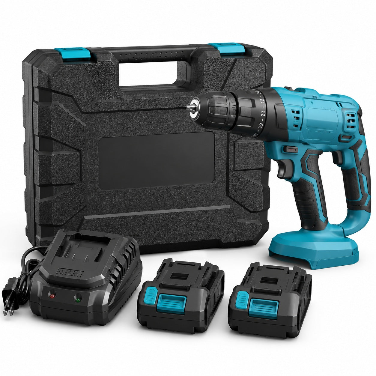 Rechargeable Cordless Drill Kit with 2 Batteries, Charger & Carry Case