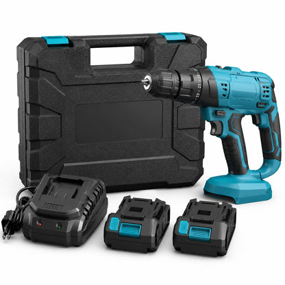 Rechargeable Cordless Drill Kit with 2 Batteries, Charger & Carry Case