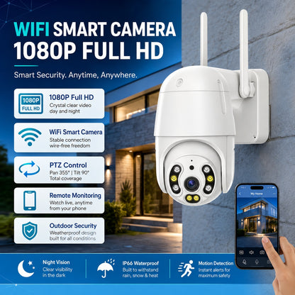 1080P WiFi Smart Security Camera with Dual Antennas, PTZ Rotation, Night Vision, Motion Detection & Remote App Viewing – Outdoor Wireless CCTV Camera