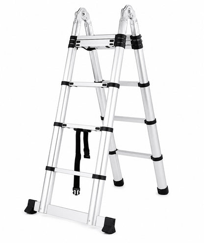 1.9m + 1.9m Aluminium Telescopic A-Frame Ladder Folding Multi-Purpose Extension Ladder with Locking Hinges, Anti-Slip Feet & Compact Storage Design