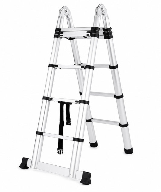 1.9m + 1.9m Aluminium Telescopic A-Frame Ladder Folding Multi-Purpose Extension Ladder with Locking Hinges, Anti-Slip Feet & Compact Storage Design