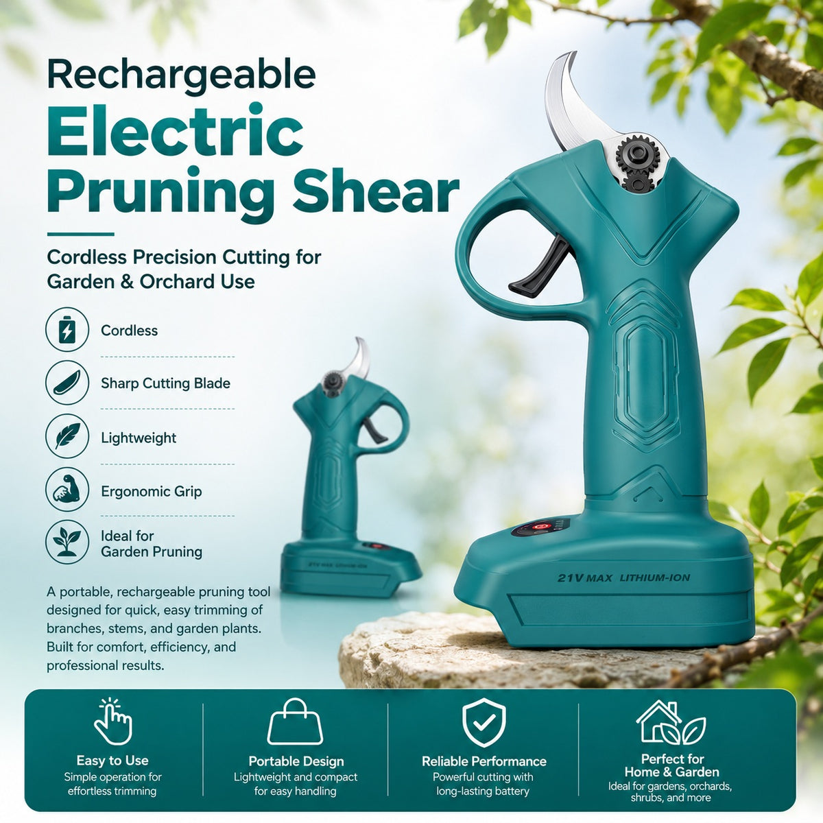 Rechargeable Cordless Electric Pruning Shear Kit with Battery, Charger & Carry Case – Portable Garden Pruner for Branch Cutting, Tree Trimming, Orchard, Vineyard & Home Garden Use