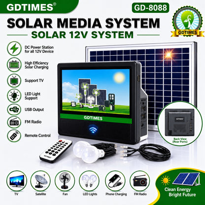 GDTIMES GD-8088 Solar Media System with 14-Inch TV Screen, Solar Panel, LED Bulbs, Remote Control, USB Charging & FM Radio – 12V Solar Entertainment Power Kit