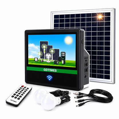 GDTIMES GD-8088 Solar Media System with 14-Inch TV Screen, Solar Panel, LED Bulbs, Remote Control, USB Charging & FM Radio – 12V Solar Entertainment Power Kit