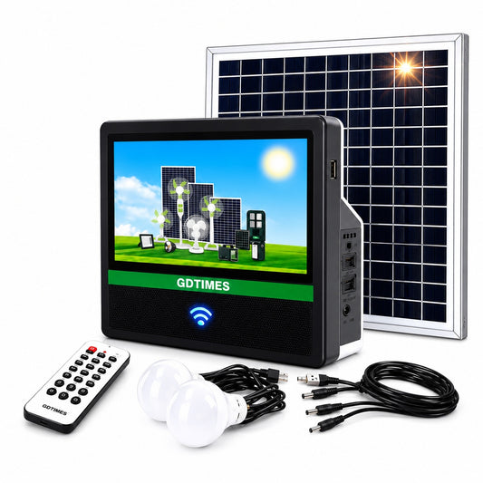 GDTIMES GD-8088 Solar Media System with 14-Inch TV Screen, Solar Panel, LED Bulbs, Remote Control, USB Charging & FM Radio – 12V Solar Entertainment Power Kit