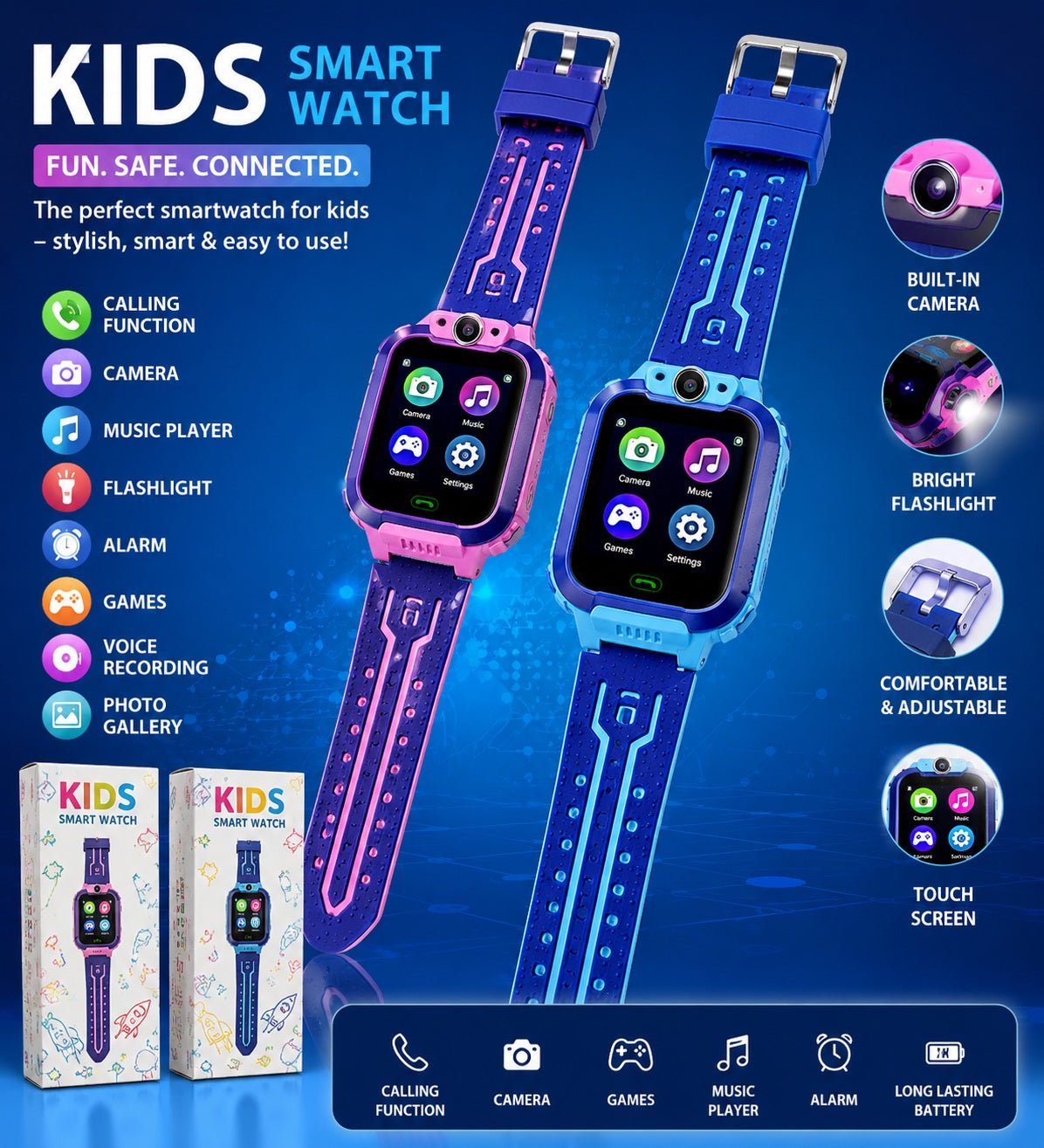 Kids Smart Watch with SIM Card Support, GPS Child Location Tracking, Calling, Camera, SOS, Games & Touch Screen – Children’s Safety Smartwatch for Boys