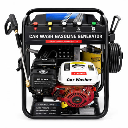 7.0HP Gasoline Car Wash Pressure Washer with Spray Gun, Hose Reel, Multi-Nozzle System & Portable Steel Frame
