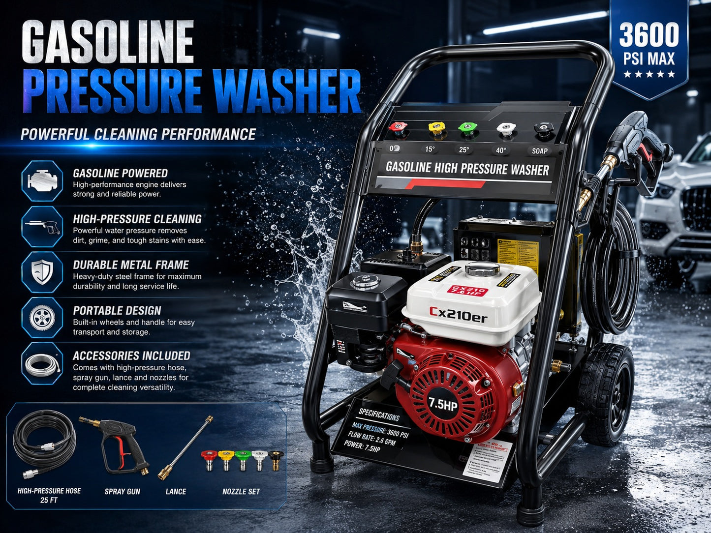 7.0HP Gasoline Car Wash Pressure Washer with Spray Gun, Hose Reel, Multi-Nozzle System & Portable Steel Frame