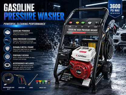 7.0HP Gasoline Car Wash Pressure Washer with Spray Gun, Hose Reel, Multi-Nozzle System & Portable Steel Frame