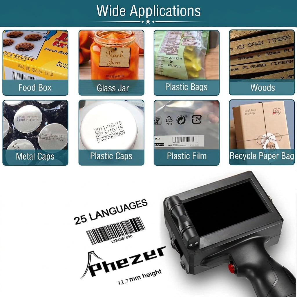 Handheld Inkjet Printer with Touch Screen – Portable Batch Coding & Date Printer for Barcodes, QR Codes, Expiry Dates, Logos & Text – Prints on Plastic, Cartons, Glass, Metal, Wood & Packaging